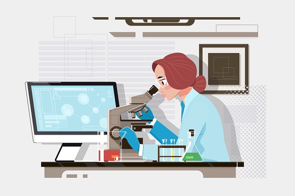Young scientist looking through a microscope in a laboratory. Young scientist doing some research. Vector illustration